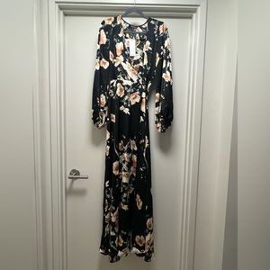 Aakaa Black Floral Sleeve Maxi Wrap Dress Size M